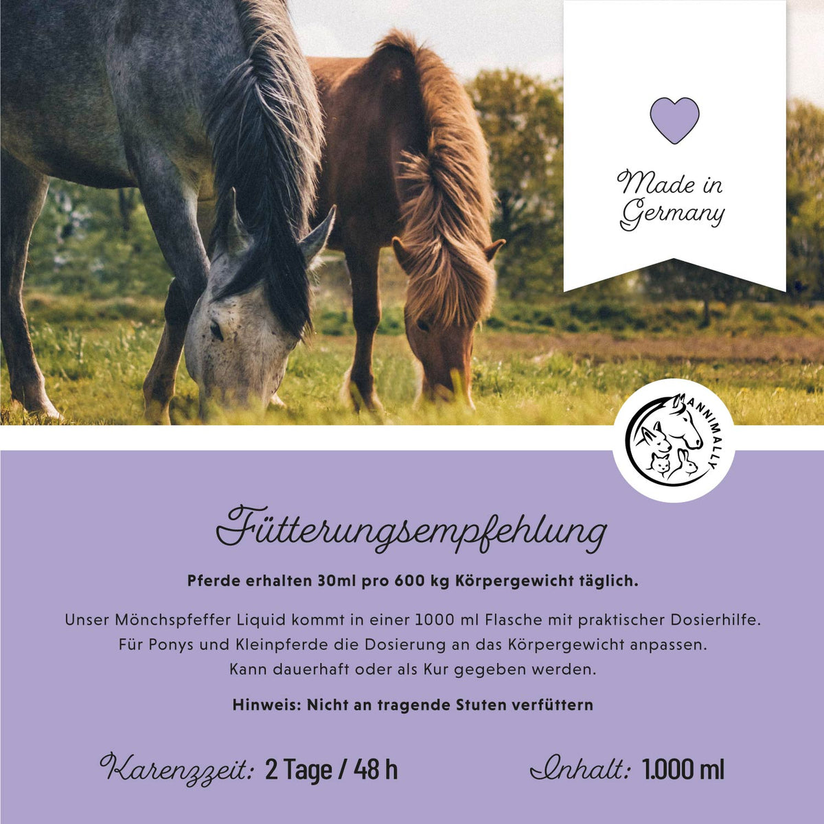 Mönchspfeffer Liquid von Annimally für das hormonelle Gleichgewicht – Nahrungsergänzungsmittel für Pferde – Dosierung
