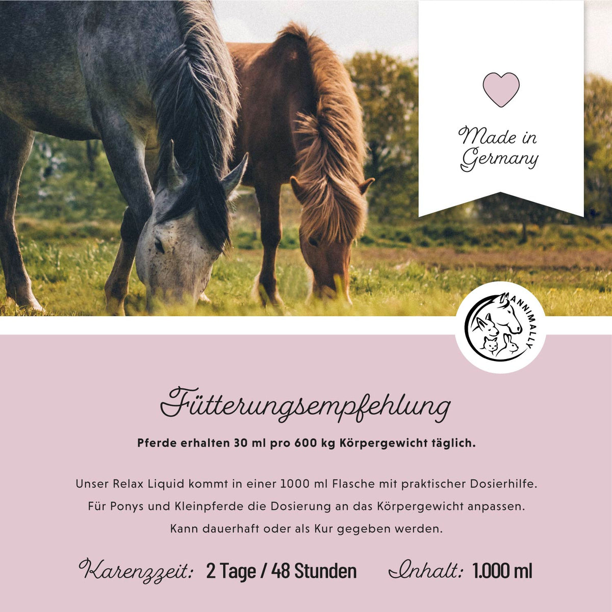 Relax Liquid von Annimally zur natürlichen Beruhigung – Nahrungsergänzungsmittel für Pferde – Fütterung