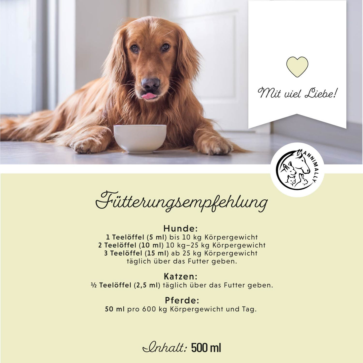 Leinöl von Annimally kaltgepresst mit Omega-3 – Nahrungsergänzungsmittel für Hunde & Katzen